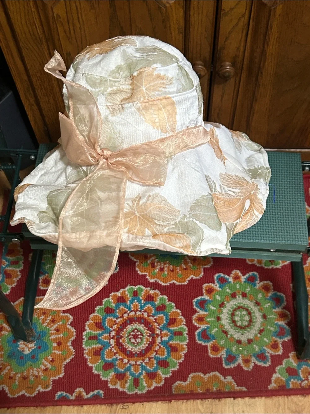 Wide Brim Floral Organza Sun Hat - Peach & Cream